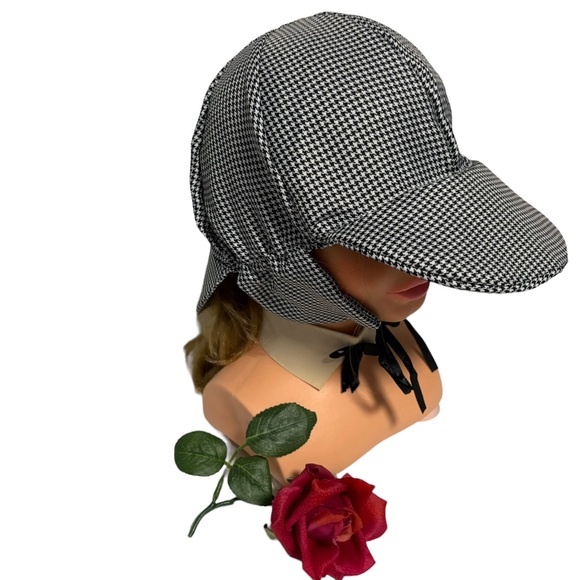 Sun Shade Hat Shades front & back ages 3+ black white gingham black ribbon ties - Picture 1 of 14